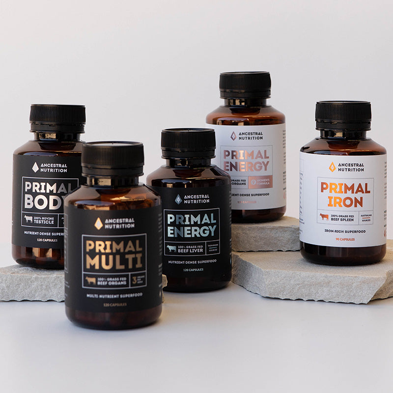 An image showing a range of bottles containing Ancestral Nutrition beef organ capsules