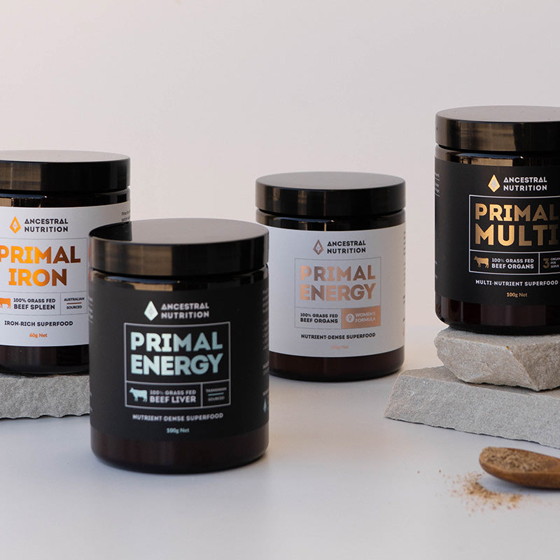 An image showing a range of Ancestral Nutrition beef organ freeze dried powders
