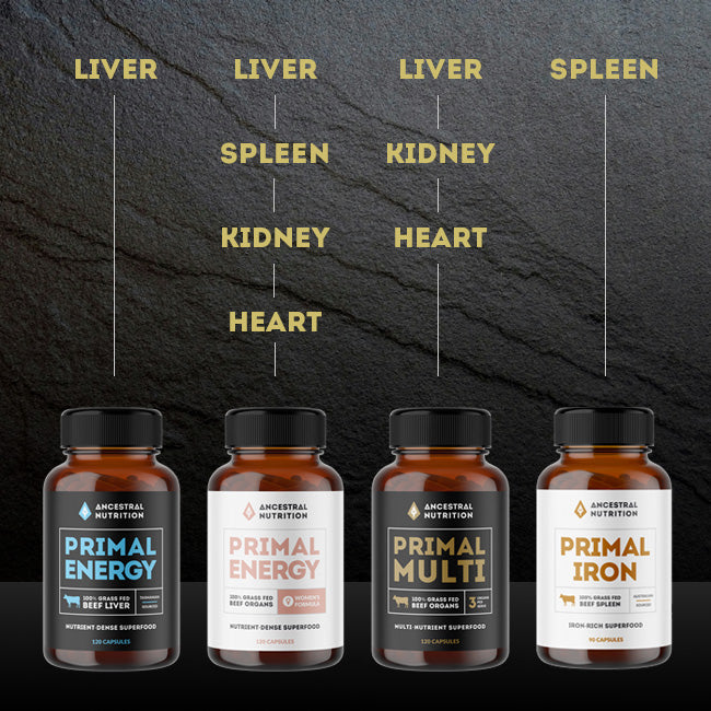 4 bottles of Ancestral Nutrition beef organ supplements