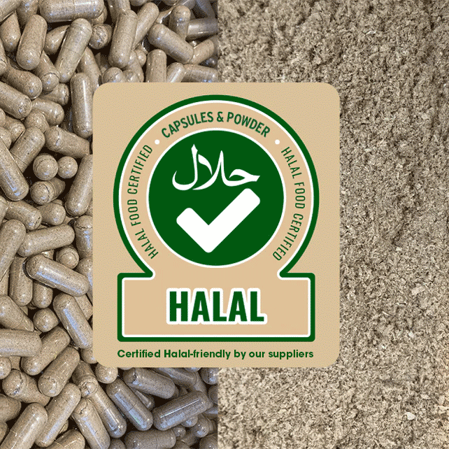 Halal certification label on a background of capsules and powder for Ancestral Nutrition beef liver supplements