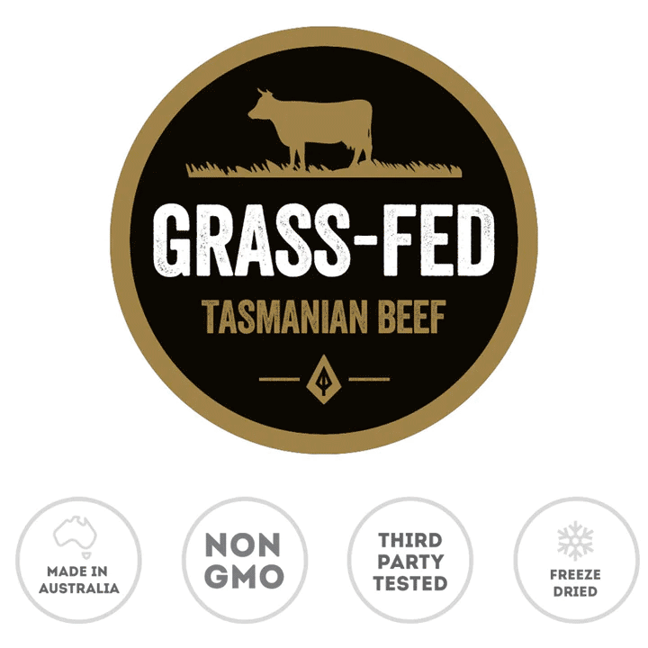 Logo for grass-fed Tasmanian beef with certification icons below on a white background for Ancestral Nutrition