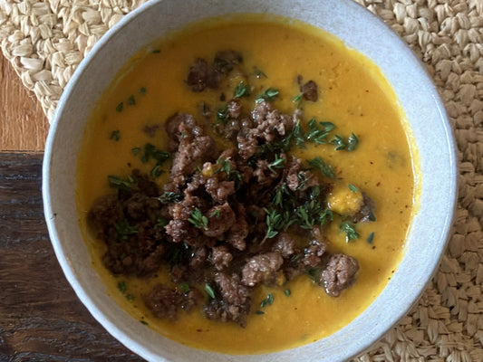 Creamy Meat-Topped Pumpkin Soup