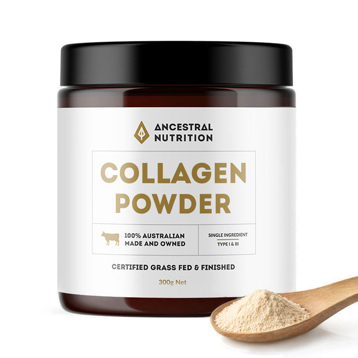 Collagen powder jar with a serving spoon