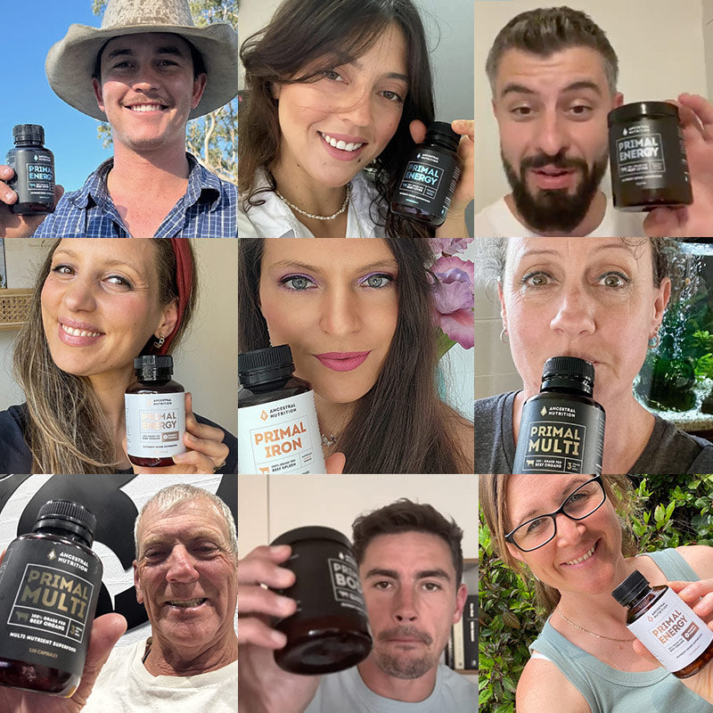 A 3x3 collage of people holding Ancestral Nutrition bottles, including Primal Iron and Primal Multi jars, in various outdoor and indoor settings.