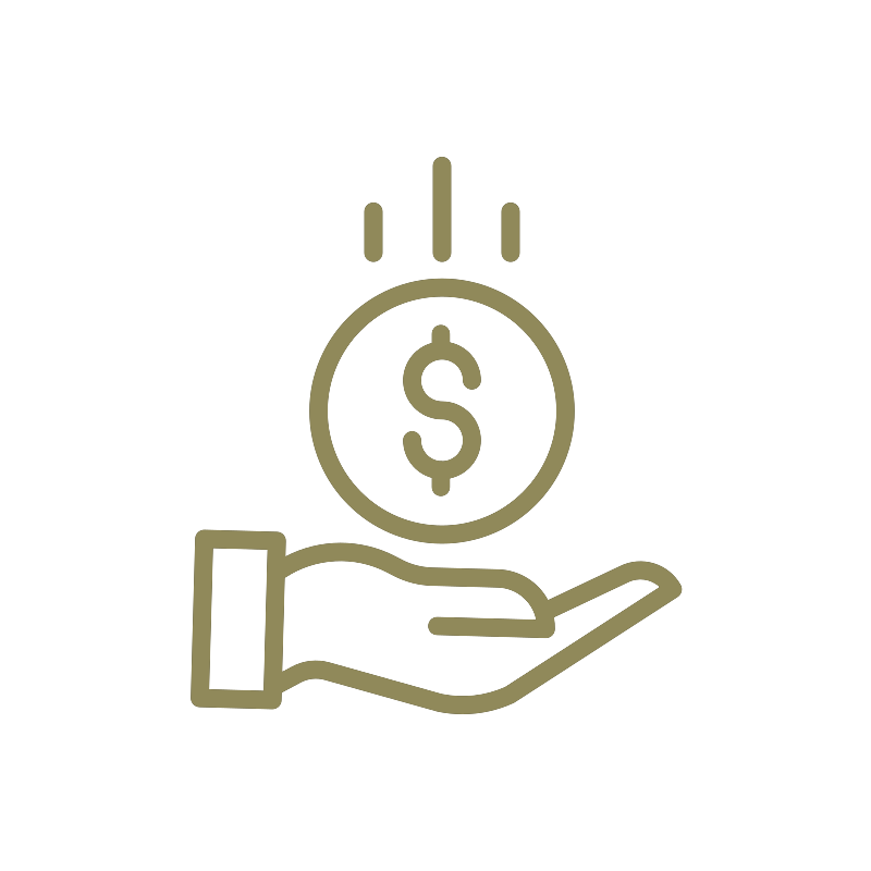 Icon of a hand holding a coin with a dollar sign on a white background depicting a rewards program